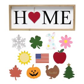 Rustic Farmhouse Wooden Seasonal Interchangeable Symbol "Home" Frame with 12 Ornaments, Natural