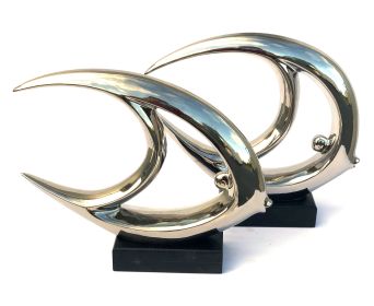 Abstract Designed Mirrored Chrome Fish on Wood Bases Set of 2