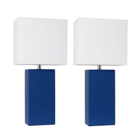 2 Pack Modern Leather Table Lamps with White Fabric Shades, Blue