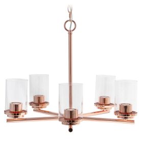 5-Light 20.5" Contemporary Clear Glass and Metal Hanging Ceiling Pendant Chandelier for Kitchen Island Foyer Hallway Living Room Den Dining Room, Rose