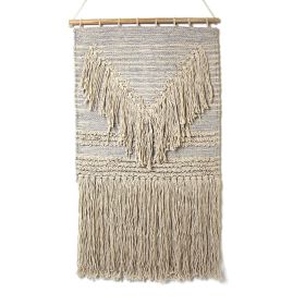 Handwoven Boho Wall Hanging, Blue Grey with Cream Fringe