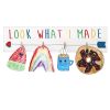 Decorix Farmhouse Wall Mounted Hanging 4 Photo Wooden Picture Frame Display with Clips Hearted Arrow and "Look What I Made" Script in Rainbow Text for