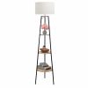 Modern Tripod Tier Shelf Floor Lamp Light Wood, White Shade