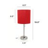 Oslo 19.5" Contemporary Bedside Power Outlet Base Standard Metal Table Desk Lamp in Brushed Steel with Red Drum Fabric Shade for Home Décor, Bedroom,