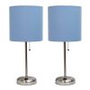 Brushed Steel Stick Lamp with Charging Outlet and Fabric Shade 2 Pack Set, Blue