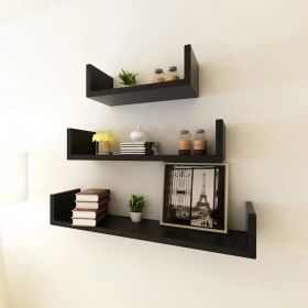 3 Black MDF U-Shaped Floating Wall Display Shelves Book/DVD Storage