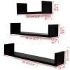 3 Black MDF U-Shaped Floating Wall Display Shelves Book/DVD Storage