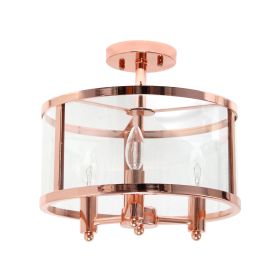 3-Light 13" Industrial Farmhouse Glass and Metallic Accented Semi-flushmount, Rose Gold