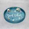 Decorative 13.75" Round Wood Serving Tray w/ Handles, "Good Vibes"