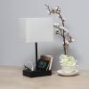 Modern Rectangular Multi-Use 1 Light Desk Lamp with 2 USB Ports and Charging Outlet with White Fabric Shade, Black