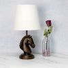 Polyresin Decorative Chess Horse Shaped Desk Lamp with White Tapered Fabric Shade, Dark Bronze