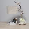 Modern Rectangular Multi-Use 1 Light Desk Lamp with 2 USB Ports and Charging Outlet with Beige Fabric Shade, White