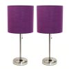 Brushed Steel Stick Lamp with Charging Outlet and Fabric Shade 2 Pack Set, Purple