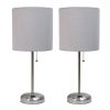 Brushed Steel Stick Lamp with Charging Outlet and Fabric Shade 2 Pack Set, Gray