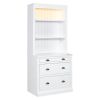 Tall Wood Bookcase 3 Shelves, 3 Drawers and LED Lighting, White