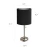 Brushed Steel Stick Lamp with Charging Outlet and Fabric Shade 2 Pack Set, Black