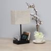 Modern Rectangular Multi-Use 1 Light Desk Lamp with 2 USB Ports and Charging Outlet with Beige Fabric Shade, Black