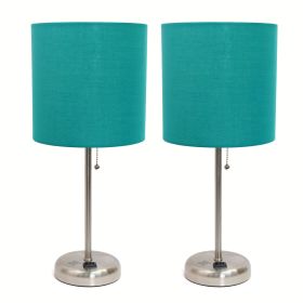 Brushed Steel Stick Lamp with Charging Outlet and Fabric Shade 2 Pack Set, Teal