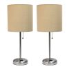 Brushed Steel Stick Lamp with Charging Outlet and Fabric Shade 2 Pack Set, Tan