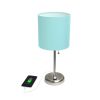 Oslo 19.5" Contemporary Bedside USB Port Feature Standard Metal Table Desk Lamp in Brushed Steel with Aqua Drum Fabric Shade for Home Décor, Bedroom,