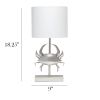 Shoreside Coastal Brushed Nickel and Polyresin Pinching Crab Shaped Desk Lamp with White Fabric Drum Shade