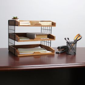 Home Office Wood Desk Organizer Mail Letter Tray with 3 Shelves, Natural Wood