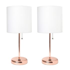 Rose Gold Stick Lamp with USB charging port and Fabric Shade 2 Pack Set, White