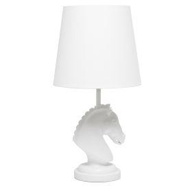 Polyresin Decorative Chess Horse Shaped Desk Lamp with White Tapered Fabric Shade, White