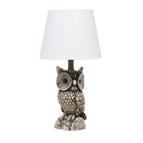 Contemporary Polyresin Gazing Brown and White Night Owl Novelty Lamp with White Tapered Drum Fabric Shade