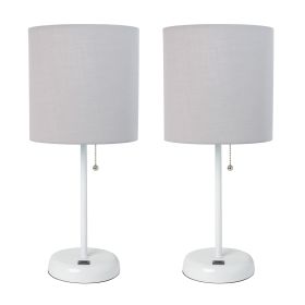 White Stick Lamp with USB charging port and Fabric Shade 2 Pack Set, Gray