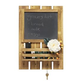 Chalkboard Sign with Key Holder Hooks and Mail Storage, Natural Wood