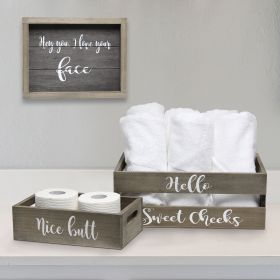 Three Piece Decorative Wood Bathroom Set, Large, Cheeky  (1 Towel Holder, 1 Frame, 1 Toilet Paper Holder)