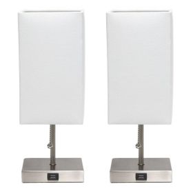 Petite Stick Lamp with USB Charging Port and Fabric Shade 2 Pack Set, White