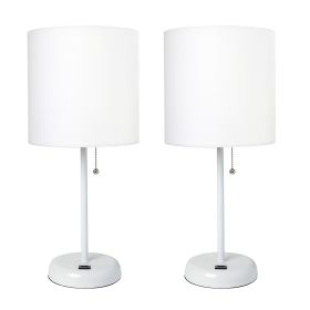 White Stick Lamp with USB charging port and Fabric Shade 2 Pack Set, White