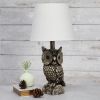 Contemporary Polyresin Gazing Brown and White Night Owl Novelty Lamp with White Tapered Drum Fabric Shade