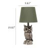 Contemporary Polyresin Gazing Brown and White Night Owl Novelty Lamp with Green Tapered Drum Fabric Shade