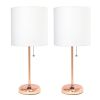 Rose Gold Stick Lamp with Charging Outlet and Fabric Shade 2 Pack Set, White