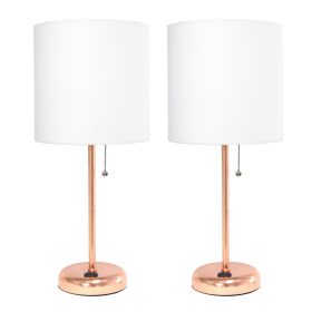 Rose Gold Stick Lamp with Charging Outlet and Fabric Shade 2 Pack Set, White