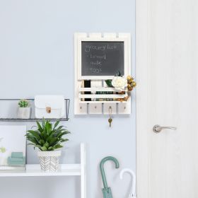 Chalkboard Sign with Key Holder Hooks and Mail Storage, White Wash