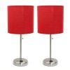 Brushed Steel Stick Lamp with Charging Outlet and Fabric Shade 2 Pack Set, Red