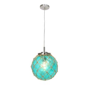 Buoy Netted Brushed Nickel Coastal Ocean Sea Glass Ceiling Light Pendant with Natural Rope, Aqua