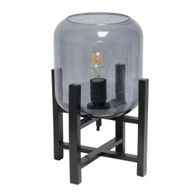 Black Wood Mounted Table Lamp with Smokey Glass Cylinder Shade