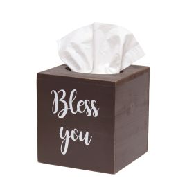 Decor Farmhouse Square Wooden Decorative Tissue Box Cover with "Bless you" Script in White and Sliding Base for Vanity, Bathroom, Bedroom, Livingroom