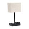 Modern Rectangular Multi-Use 1 Light Desk Lamp with 2 USB Ports and Charging Outlet with Beige Fabric Shade, Black