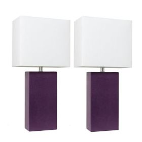 2 Pack Modern Leather Table Lamps with White Fabric Shades, Eggplant