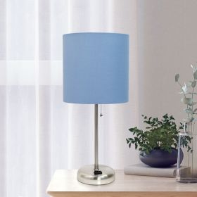 Oslo 19.5" Contemporary Bedside Power Outlet Base Standard Metal Table Desk Lamp in Brushed Steel with Blue Drum Fabric Shade for Home Décor, Bedroom,