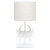 Shoreside Coastal White and Polyresin Pinching Crab Shaped Desk Lamp with Light Beige Fabric Drum Shade