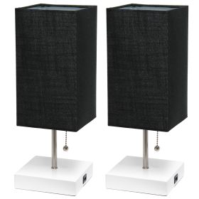 Petite White Stick Lamp with USB Charging Port and Fabric Shade 2 Pack Set, Black