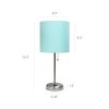 Brushed Steel Stick Lamp with Charging Outlet and Fabric Shade 2 Pack Set, Aqua