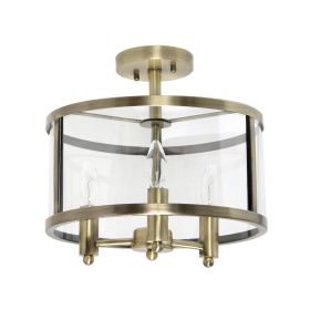 3-Light 13" Industrial Farmhouse Glass and Metallic Accented Semi-flushmount, Antique Brass